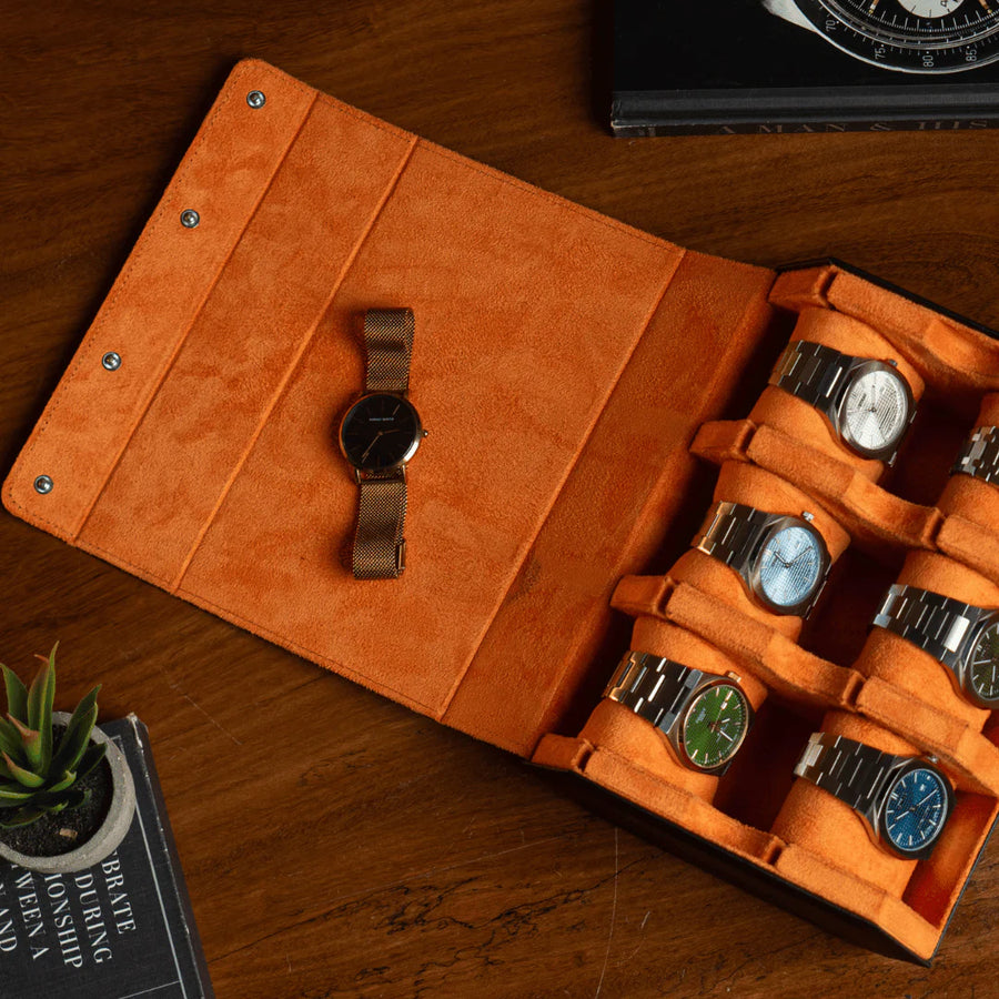 The Raven Black X Orange Watch Roll - 6 Slot