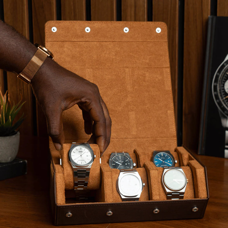 The Pecan Brown Watch Roll - 6 Slot