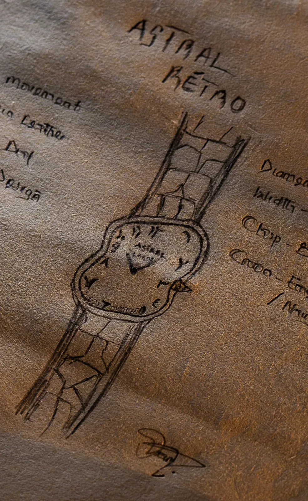 The original hand-drawn sketch of Astral Retro on paper