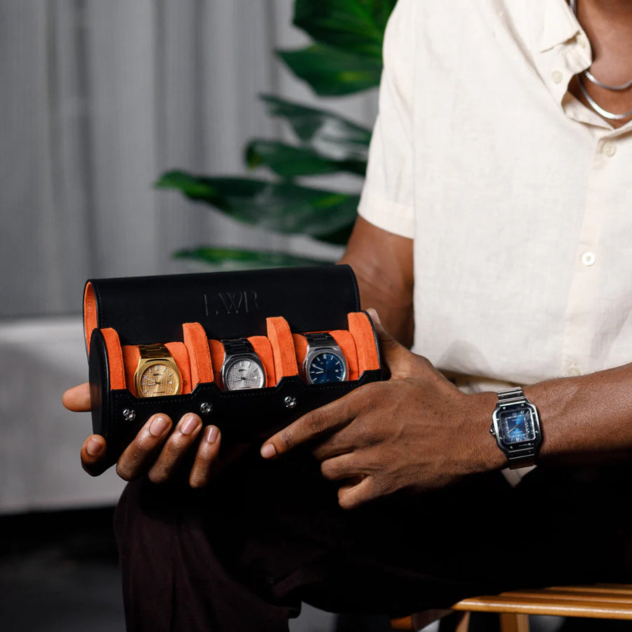 The Raven Black X Orange Watch Roll - 3 Slot