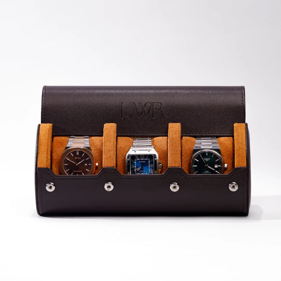 The Pecan Brown Watch Roll - 3 Slot