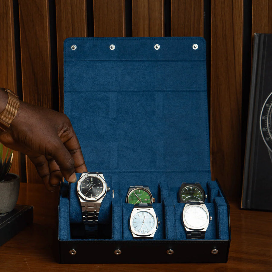 The Raven Black X Blue Watch Roll - 6 Slot