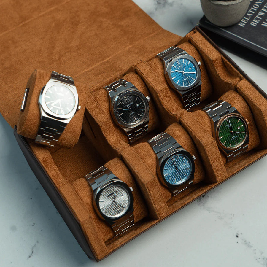 The Pecan Brown Watch Roll - 6 Slot