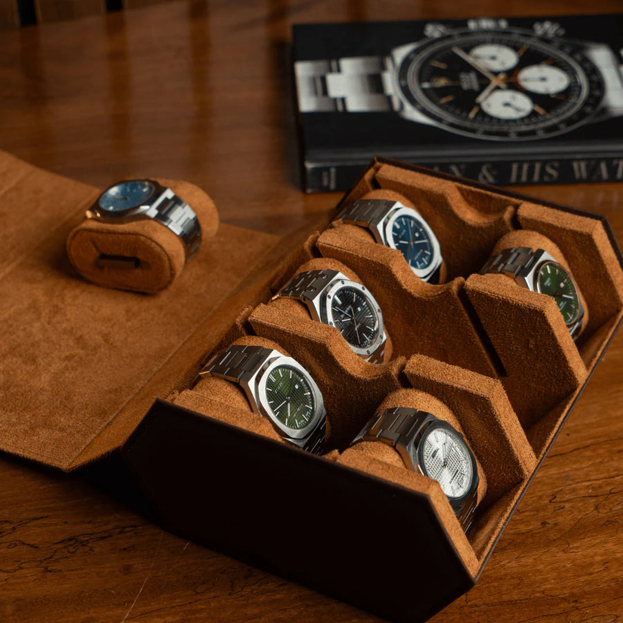 The Pecan Brown Watch Roll - 6 Slot