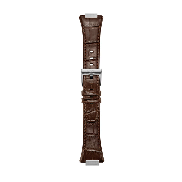 A two-tone leather watch strap with brown and silver colors, featuring a buckle clasp.
