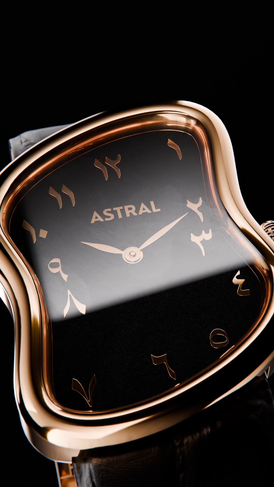 Close-up of the rose gold case and black dial